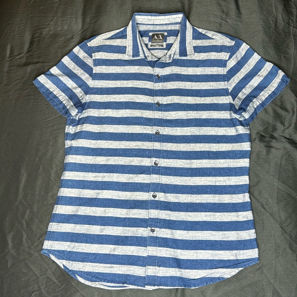Armani Exchange casual fitted short sleeve navy blue and gray striped shirt S